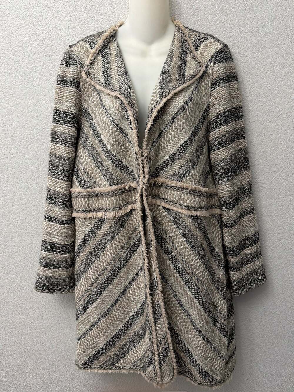 Chico's Multi-Directional Tweed Stripe Fringe Hem Cardigan Jacket Size 2